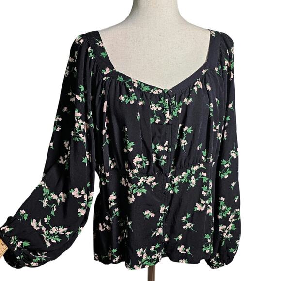 Floral Black Rayon Blouse with Smocked Waist and Blousy Sleeves Size 2x - Picture 1 of 12